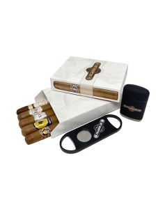 Zigarre Wintersampler Abbildung des Inhalts mit Zigarren, Cutter und Feuerzeug